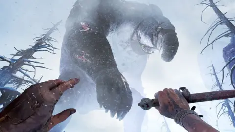 Skydance A giant beast with an armadillo-like face and armoured body towers over the viewer. In the foreground we see two hands, denoting a first-person viewpoint. One is holding a knife.