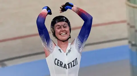 Katie Archibald celebrates victory at the first Track Champions League of the 2024 season