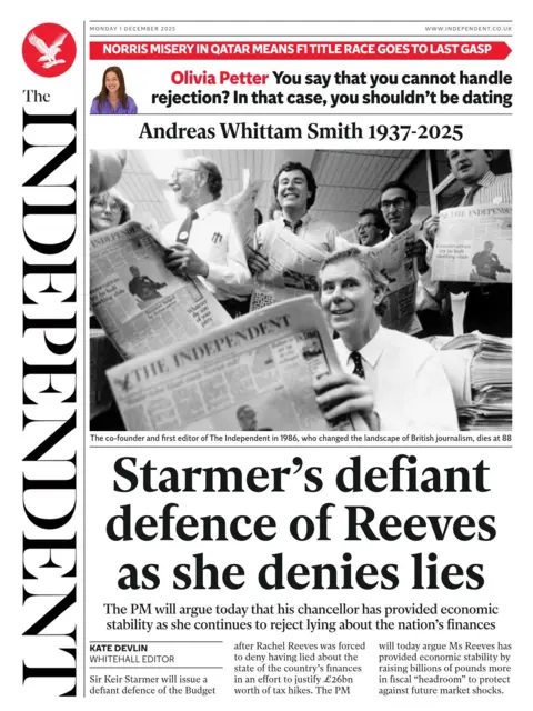 "Starmer's defiant defence of Reeves as she denies lies" reads the headline on the front page of The Independent.