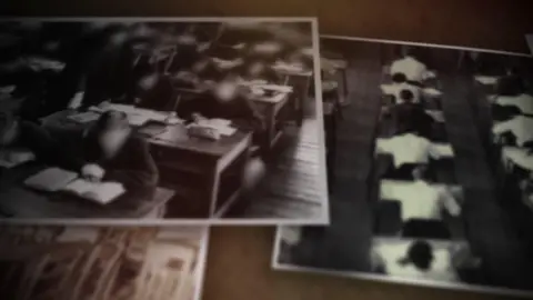 Getty Images Treated generic old pictures of school children. They are sitting as school desks writing.