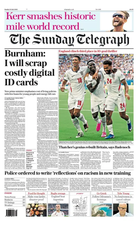 The headline on the front page of the Sunday Telegraph reads: 'Burnham: I will scrap costly digital ID cards.'
