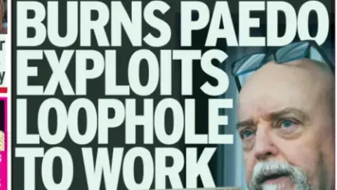 Sunday Mail A newspaper headline stating: BURNS PAEDO EXPLOITS LOOPHOLE TO WORK...
An accompanying image shows an elderly bald man with a white goatee beard looking off camera. He has glasses perched on his forehead.