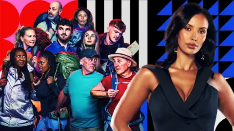 A composite image of the Race Across the World contestants and Maya Jama