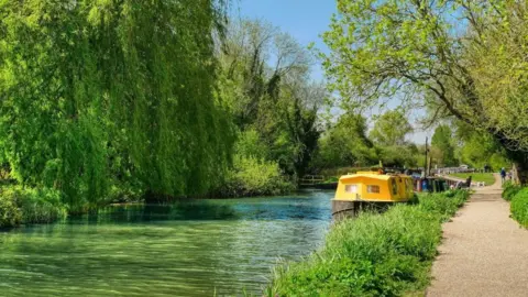 BBC Weather Watcher Ragged Runner Riverbank with yellow boat on the water and trees overhanging at Padworth
West Berkshire with a path running along to the right hand side.