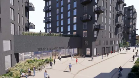 Zaha Hadid Architects A computer generated image shows three black blocks of flats, with people walking around outside them. There are parked bicycles, and green bushes by the entrance to the flats.