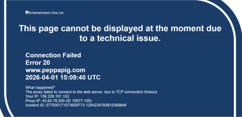 Screenshot of an error message on the Peppa Pig website. The message says: "This page cannot be displayed at the moment due to a technical issue."