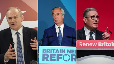 Getty Images A composite of three photos of political leaders Ed Davey, Nigel Farage and Keir Starmer speaking at events. 
