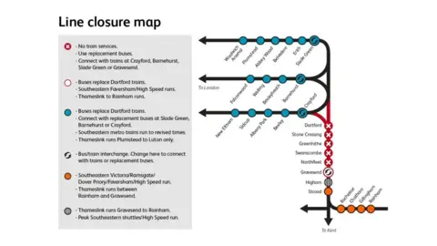Network Rail A map issued by Network Rail shows the stations where replacement buses will be in service.