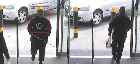 West Midlands Police Khobaib Hussain entering (l) and leaving (r) JD Sports in July 2016
