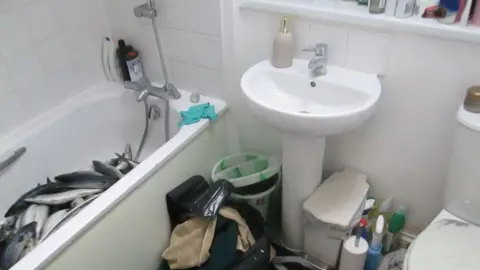 Watford Borough Council A bathroom which has fish in the bath. There is a sink and a toilet with washing products on a ledge above the sink and on the edge of the bath. There are cleaning products on the floor by the sink.