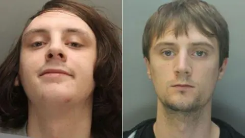 Merseyside Police Police mugshots of James Foy, who has shoulder length brown hair and smirks at the camera, and Michael Foy, who has brown hair, stubble, and looks into the camera with a blank expression.