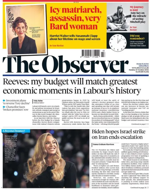 BBC The main headline on the front page of the Observer reads: 