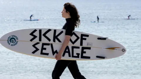 A woman walks with a surfboard along the beach. On the surfboard it says "Sick Of Sewage" in the background are three people paddleboarding on the sea.