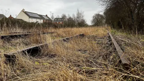 Part of an old train track can be seen poking through long yellowed grass. A couple of houses with solar panels on the roof can be seen in the distance. 