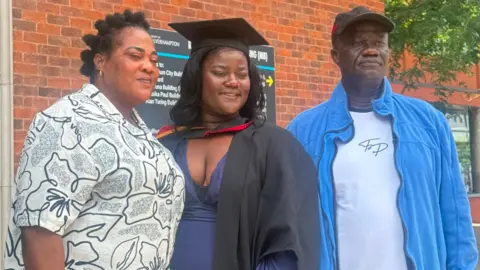 Family A woman in the middle is wearing a black graduation gown. Another woman on the left is wearing a dark and white top, while a man on the right is in a dark baseball cap and blue and white clothing. A building featuring a sign is behind them.