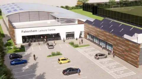 A graphic showing a large leisure centre with a curved roof. Cars are parked on a large car park in front of it. 