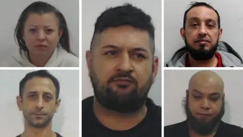 Police Scotland Five police mugshots of the grooming gang, four men and a woman: Alexandra Bugonea (top left), Catalin Dobre (bottom left), Cristian Urlateanu (top right), Remus Stan (bottom right) and ringleader Marian Cumpanasoiu (centre).