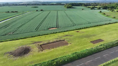 A strip of grass before an expanse of lush fields. There is a pile of earth and two rectangles dug out of the grass.