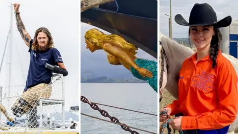 Three images: a man with a prosthetic arm and long curly hair, a mermaid on the bow of a ship, and a young woman with a red shirt and black cowboy hat standing next to a horse.