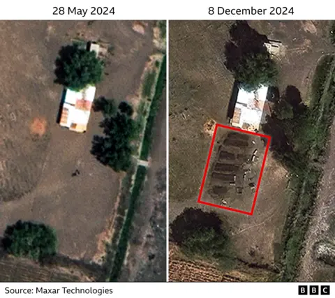 Before and after satellite images showing new mounds of earth at the cemetery in al-Seriha