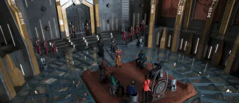 Marvel Studios Movie still of Wakanda opulent futuristic courtyard with female warriors guarding doors.