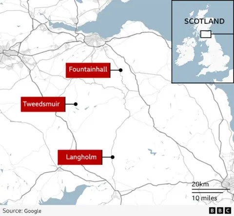 A map showing the locations of Langholm, Tweedsmuir and Fountainhall