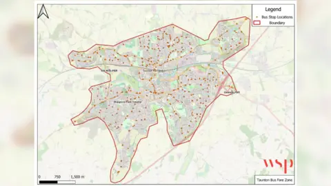 Somerset County Council A map showing the Taunton £1 Bus Fare Zone