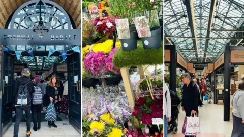 Composite image showing various shots of people in the market and some of the stalls. The centre image shows bunches of yellow and pink flowers arranged on a stall.