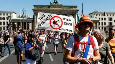 Reuters Demonstrators at the Brandenburg Gate with a banner reading Day of Freedom