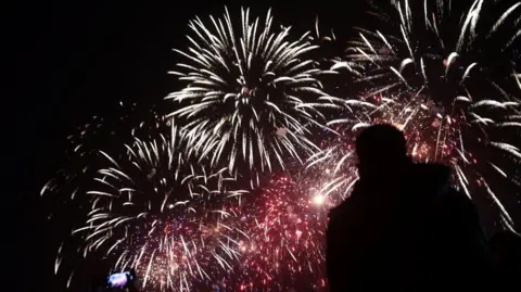 Red and white star-shaped fireworks in a black sky. The silhouette of a person is in the foreground with their face turned up watching the display and there is a hand holding a mobile film. 