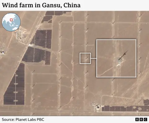 A graphic showing a wind farm in Gansu, China. A turbine in a field is highlighted.