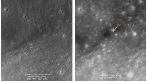 KASA/Reuters Before and after pictures of the Moon after SpaceX debris hit its surface.