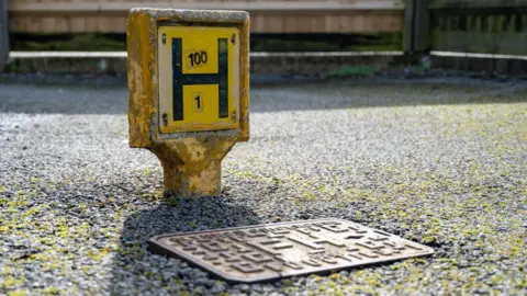 Close-up of a yellow fire hydrant marker post labelled ‘H 100 / 1’ next to a metal street drain on a paved surface.