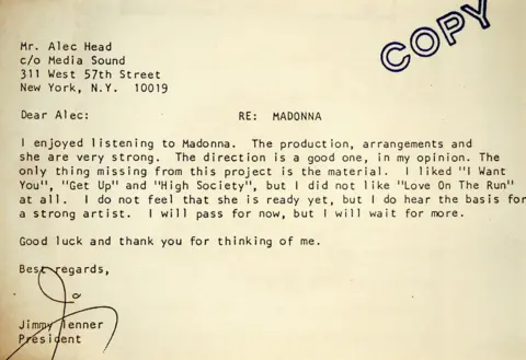 Getty Images Madonna's 1981 rejection letter is up for sale at a Sotheby''s auction of Madonna memorabilia July 18, 2001 in New York City