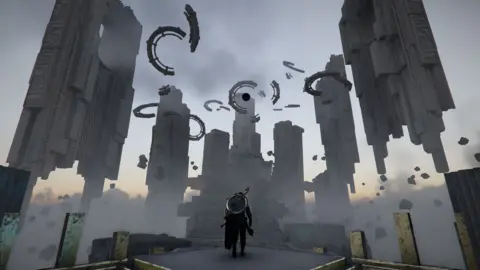 Pearl Abyss Screenshot shows hero Kliff, viewed from behind, standing on a stone platform surrounded by floating stone pillars. Fragments of hollow stone circles also float above him, and a faint grey mist fills the scene.