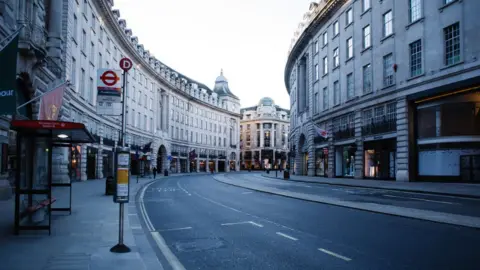 Getty Images Near deserted Regent Street, London. April 4, 2020