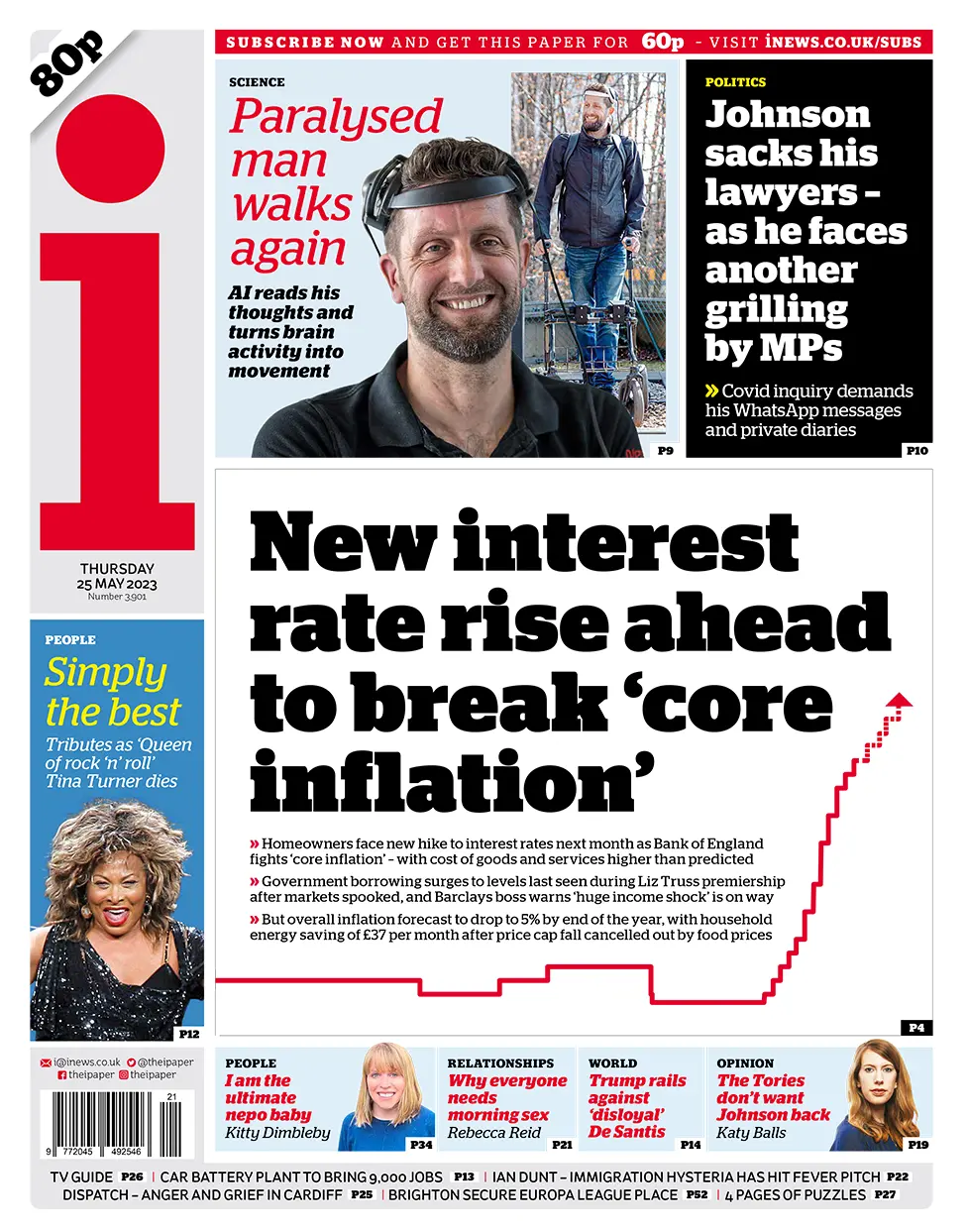 The headline in the i reads: "New interest rate rise ahead to break 'core inflation'"