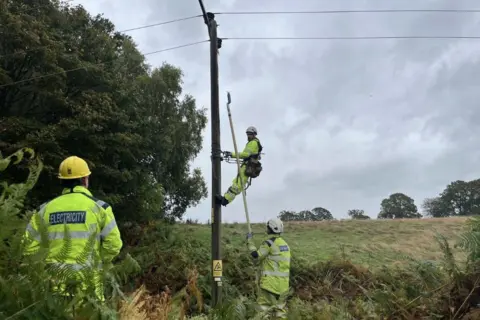 Three men in hard hats and hi vis, one is climbing up a power line pole, the other hold a long metal pole, another one looks on at them