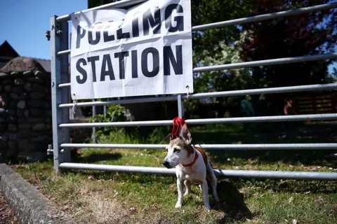 PA Media A dog outside a polling station in St. Anne's, Lancashire