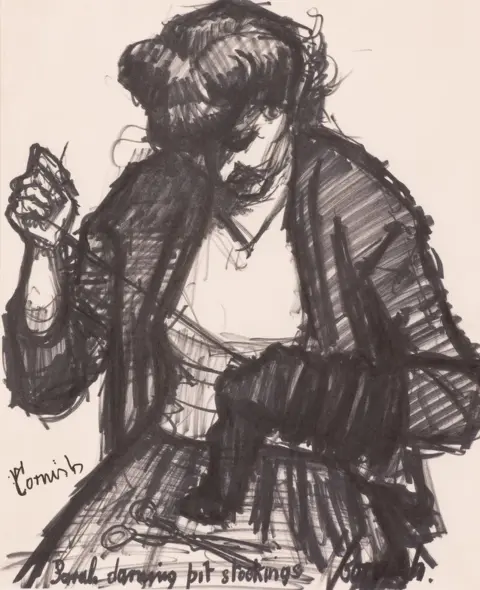 Norman Cornish Estate Sarah darning pit stockings, a drawing by Pitmen Painter Norman Cornish