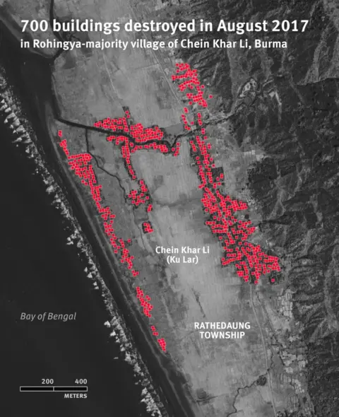 HRW Human Rights Watch satellite imagery, which they say shows a destroyed Rohingya village