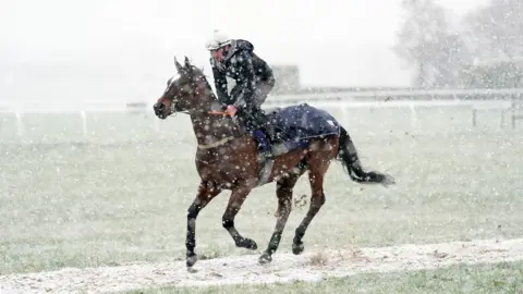 PA Horse in the snow at Cheltenham Racecourse running along with a jockey on its back.