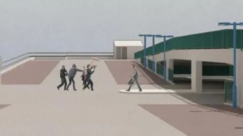 Local Democracy Reporting Service People on a car park roof with filming equipment as an actor walks over the surface