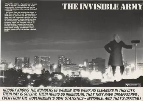 Barbara Webster Collection at the Arts Design and Media Archive A black and white poster shows a photograph of a woman standing on a hill and overlooking a city skyline that has many tall buildings. The woman  is facing the skyline and her back is towards the camera. She is wearing a scarf wrapped around her hair and is holding a broom. The title at the top of the poster says 'THE INVISIBLE ARMY' in capital letters.