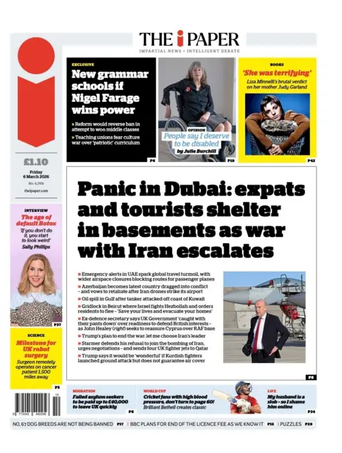 The headline on the front page of the i Paper reads: “Panic in Dubai: expats and tourists shelter in basements as war with Iran escalates".