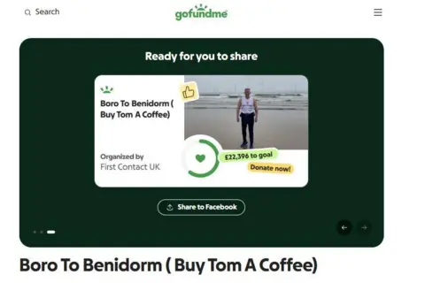 First Contact UK/Thomas Judge Screen grab from a Go Fund Me webpage with a headline saying "Boro to Benidorm (buy Tom a coffee)". It also says it is organised by First Contact UK and there is an image of Thomas Judge standing on a beach, wearing a white sleeveless top and black trousers. 