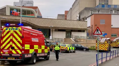 Leicester Media Online Two fire engines and a contact point fire van outside Leicester Royal Infirmary.