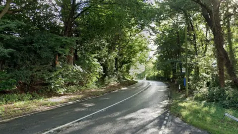 A winding country a-road, curving through dense green woodland. The road is empty and it is a sunny day. 