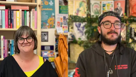 Steve Jones/BBC Rosie May and Ryan Wegg. Ms May has short, cropped dark hair while Mr Wegg wears a black bandana.