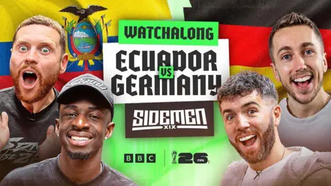Promotional poster of YouTubers and Sidemen Tobi, Simon, Ethan and Josh for Ecuador v Germany watch-along on the BBC